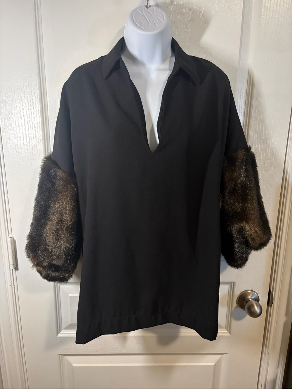 Zara Black Tunic Top with Brown Faux Fur Sleeves